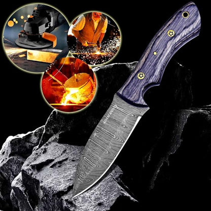 Fixed Blade Damascus Steel Hunting Knife with Leather Sheath 9'' Full Tang Hunting Skinning Knife Non-Slip Wooden Handle Camping Blade (Black) - color: Black