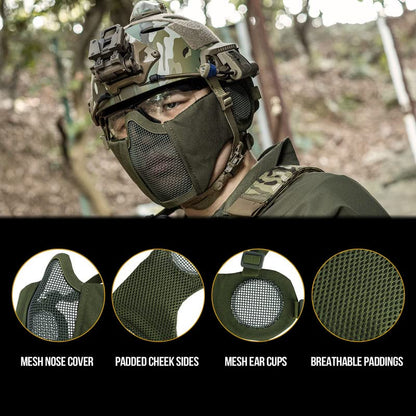 OneTigris Foldable Airsoft Steel Mesh Half Face Mask with Ear Protection - color: OD Green