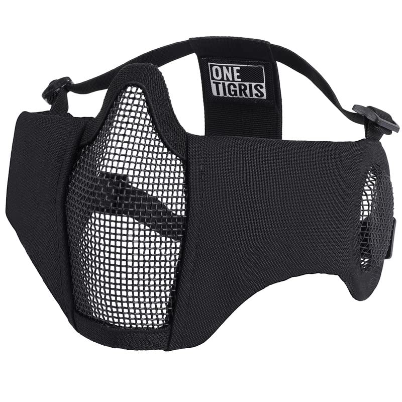 OneTigris Foldable Airsoft Steel Mesh Half Face Mask with Ear Protection - color: Black