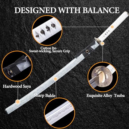 Handmade Sharp Katana, Traditional Clay Tempered 1060/9260/T10 Steel, Full Tang Real Katana Sword, Authentic Japanese Craft Samurai Sword - color: White