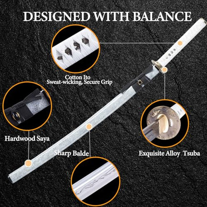 Handmade Sharp Katana, Traditional Clay Tempered 1060/9260/T10 Steel, Full Tang Real Katana Sword, Authentic Japanese Craft Samurai Sword - color: White