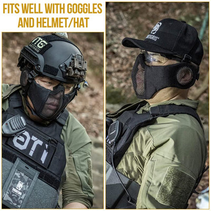 OneTigris Foldable Airsoft Steel Mesh Half Face Mask with Ear Protection - color: Black