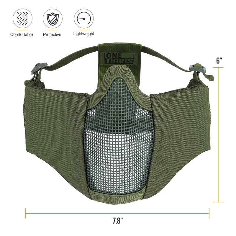 OneTigris Foldable Airsoft Steel Mesh Half Face Mask with Ear Protection - color: OD Green