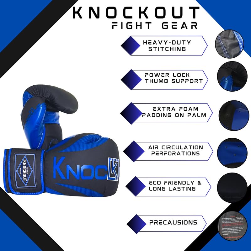 Knockout Elite Boxing Gloves 2 Pair Set, Complete Kit with Hand Wraps, Bag Pack, and Mouth Guard - Size 8oz-16oz-All Color Available - color: Blue / Golden, size: 14 oz