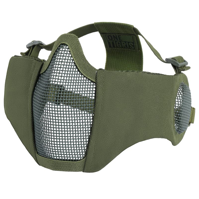 OneTigris Foldable Airsoft Steel Mesh Half Face Mask with Ear Protection - color: OD Green