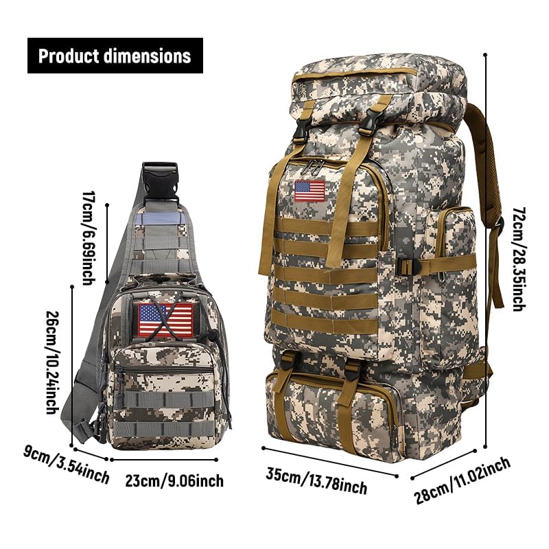 JUMAHE 80L 2-Pack Hiking Backpack for Men with Sling Tactical Backpack - Rucksack Molle Military Tactical Waterproof Lightweight Camping Backpack 3 Day Assault Pack for Travel, Climbing, Backpacking - color: 80l Grey - Pro(900d Fabric) + Sling Bag Bundle,
