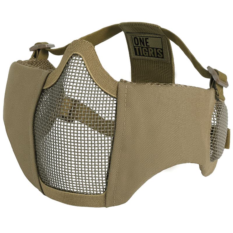 OneTigris Foldable Airsoft Steel Mesh Half Face Mask with Ear Protection - color: Tan