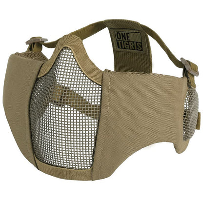 OneTigris Foldable Airsoft Steel Mesh Half Face Mask with Ear Protection - color: Tan