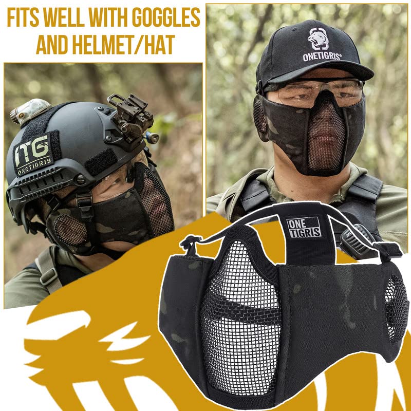 OneTigris Foldable Airsoft Steel Mesh Half Face Mask with Ear Protection - color: Camo Black