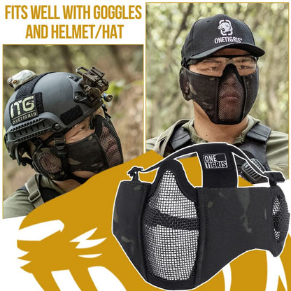 OneTigris Foldable Airsoft Steel Mesh Half Face Mask with Ear Protection - color: Camo Black