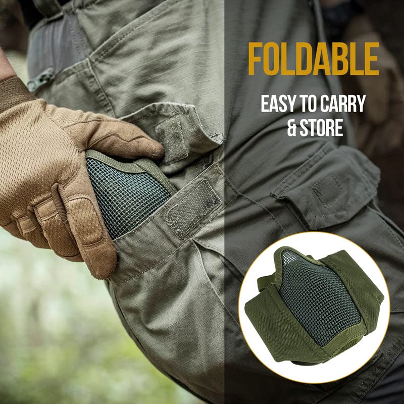 OneTigris Foldable Airsoft Steel Mesh Half Face Mask with Ear Protection - color: OD Green