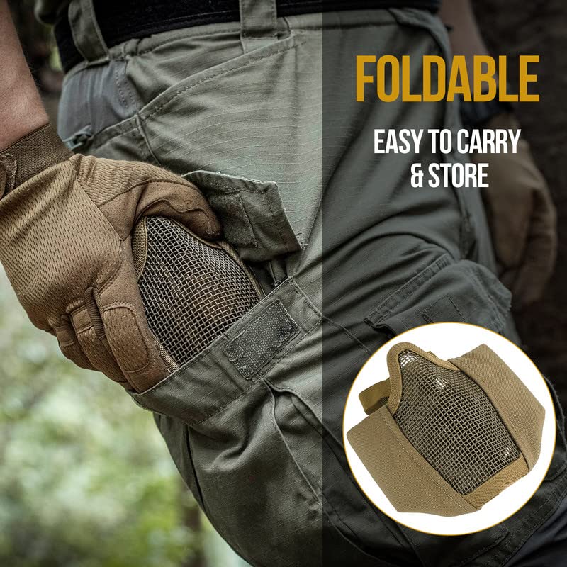 OneTigris Foldable Airsoft Steel Mesh Half Face Mask with Ear Protection - color: Tan