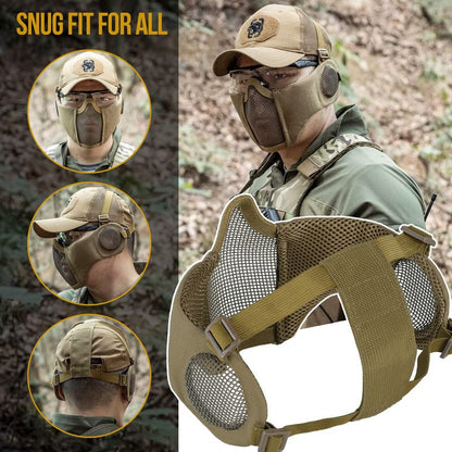 OneTigris Foldable Airsoft Steel Mesh Half Face Mask with Ear Protection - color: Tan