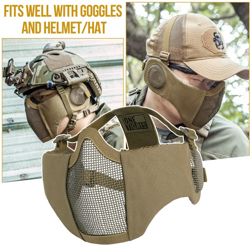 OneTigris Foldable Airsoft Steel Mesh Half Face Mask with Ear Protection - color: Tan