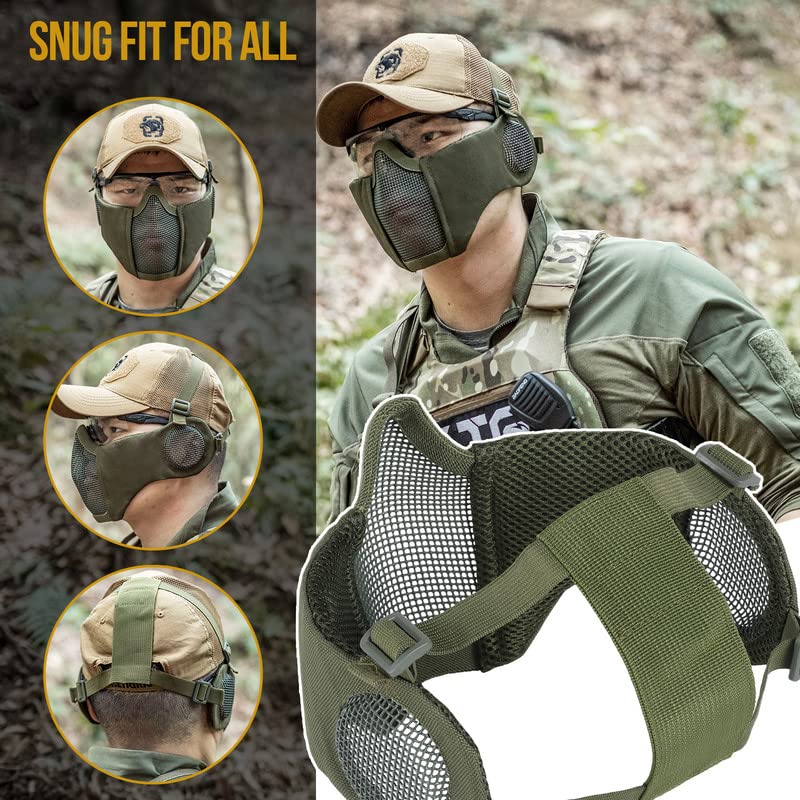 OneTigris Foldable Airsoft Steel Mesh Half Face Mask with Ear Protection - color: OD Green
