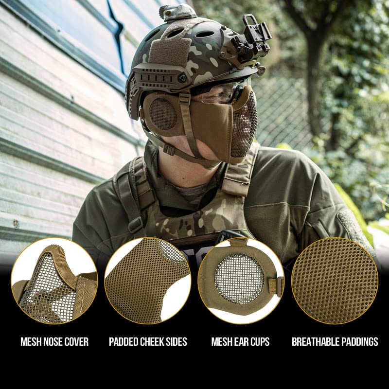OneTigris Foldable Airsoft Steel Mesh Half Face Mask with Ear Protection - color: Tan