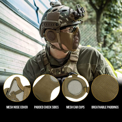 OneTigris Foldable Airsoft Steel Mesh Half Face Mask with Ear Protection - color: Tan