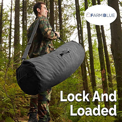 Farm Blue GI Style Zipper Duffel Bag Black - XL Heavy Duty Army Duffle Bags - Military Grade Cotton Canvas Duffle Bag - Reinforced Camping Bag - Strong Zipper & Center Grab Handle (Black, XL) - color: Black, size: XL