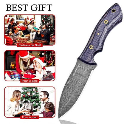 Fixed Blade Damascus Steel Hunting Knife with Leather Sheath 9'' Full Tang Hunting Skinning Knife Non-Slip Wooden Handle Camping Blade (Black) - color: Black