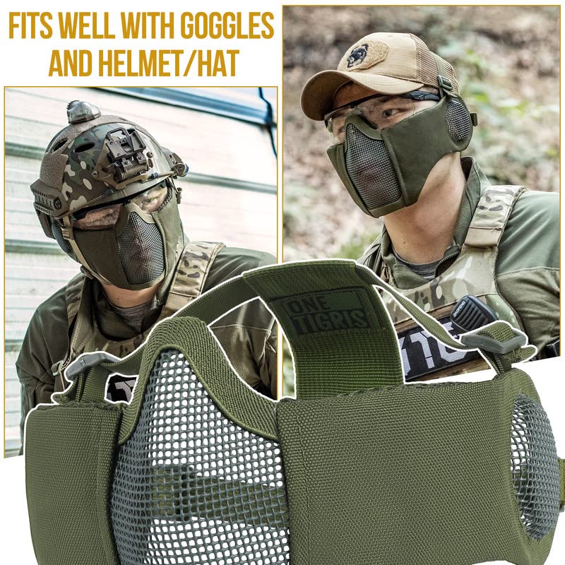 OneTigris Foldable Airsoft Steel Mesh Half Face Mask with Ear Protection - color: OD Green