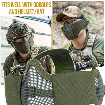 OneTigris Foldable Airsoft Steel Mesh Half Face Mask with Ear Protection - color: OD Green